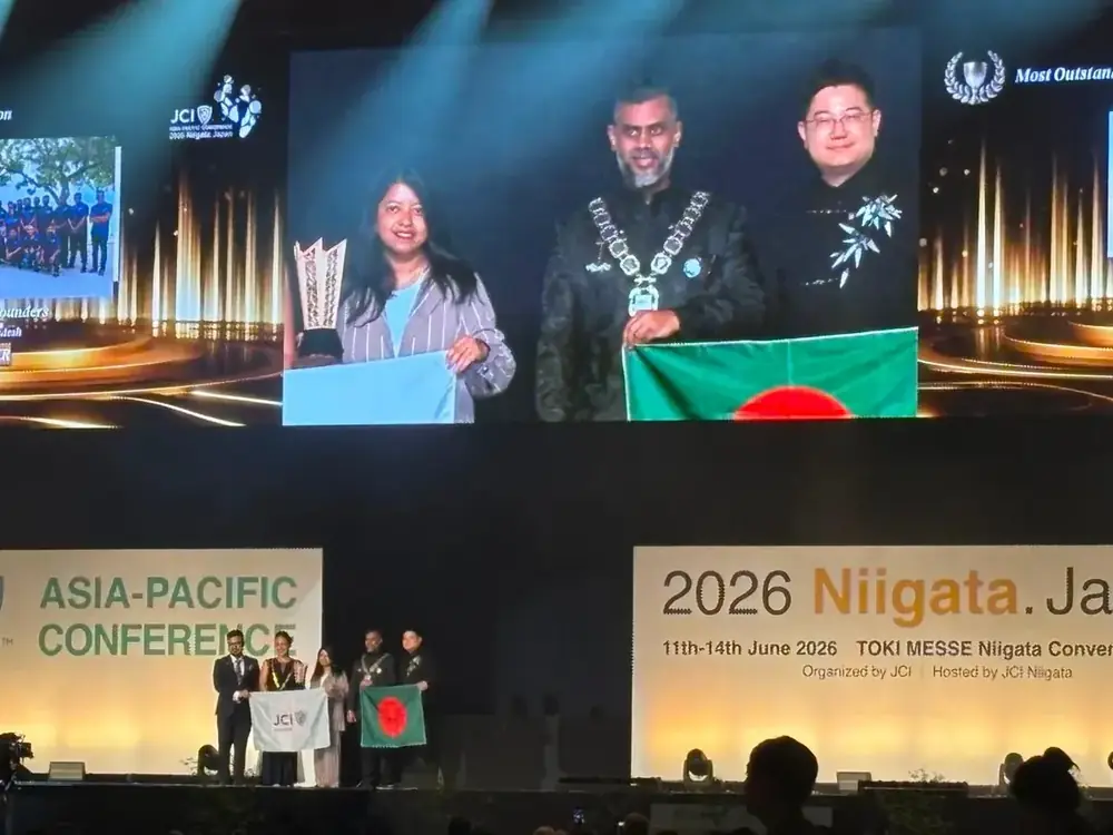Afshana Diya receiving the ASPAC Most Outstanding Local Organization award at the JCI Asia-Pacific Conference 2026 in Niigata, Japan