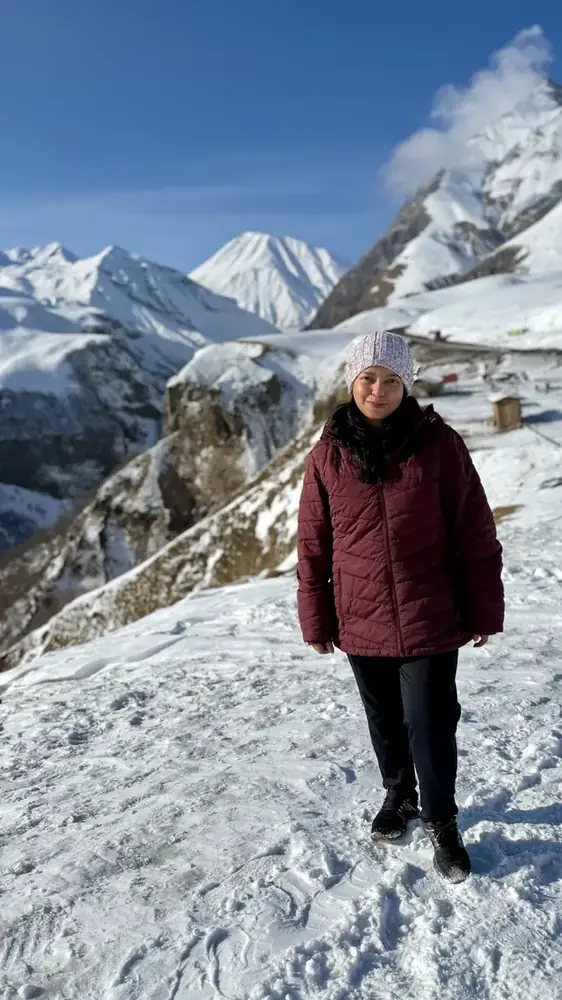 Afshana Diya in the snowy Caucasus mountains of Georgia
