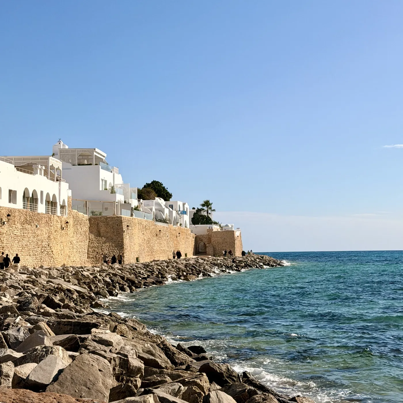 White walls of the Hammamet medina above rocks and the sea