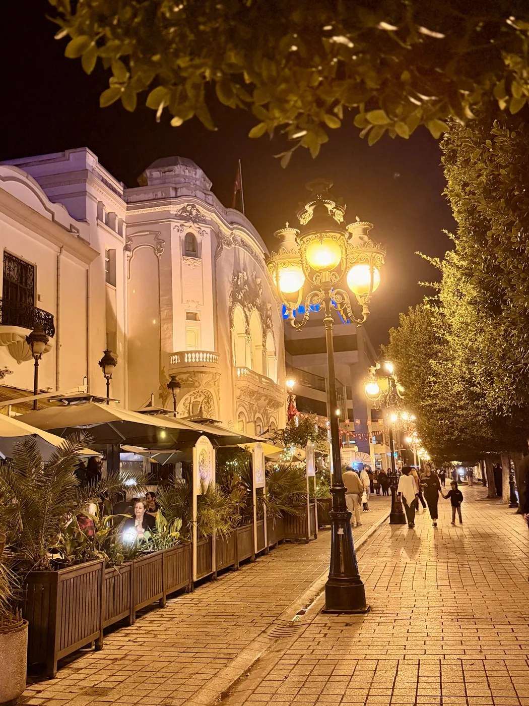 Street lamps and cafés along Avenue Habib Bourguiba in Tunis at night