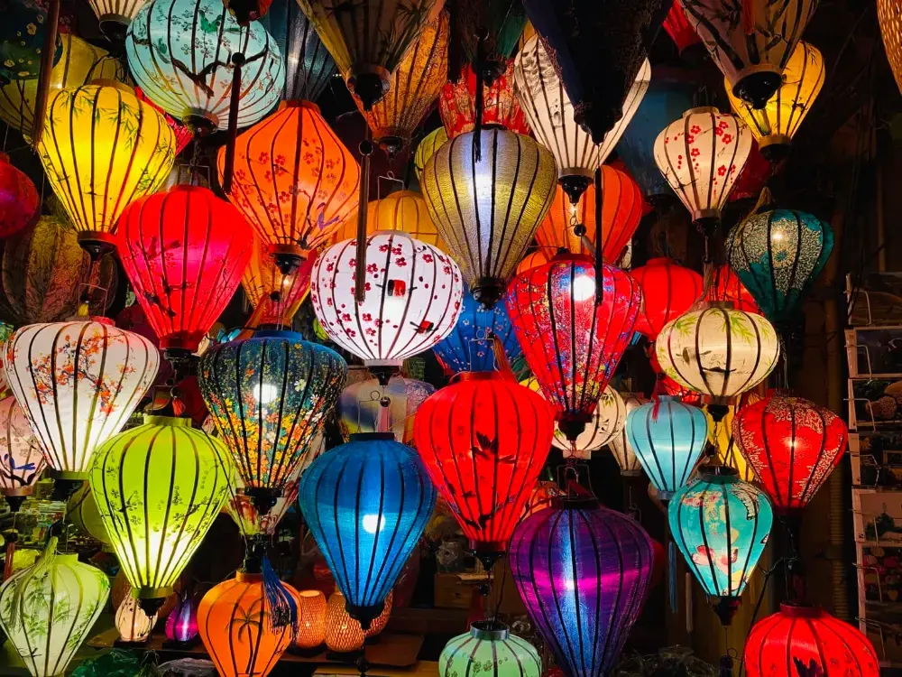 Hundreds of colorful silk lanterns hanging together