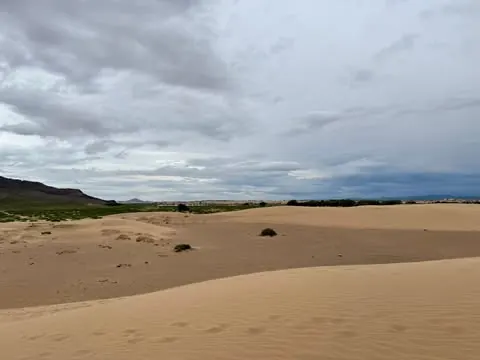 Sand dunes of Elsen Tasarkhai under a cloudy sky in Mongolia