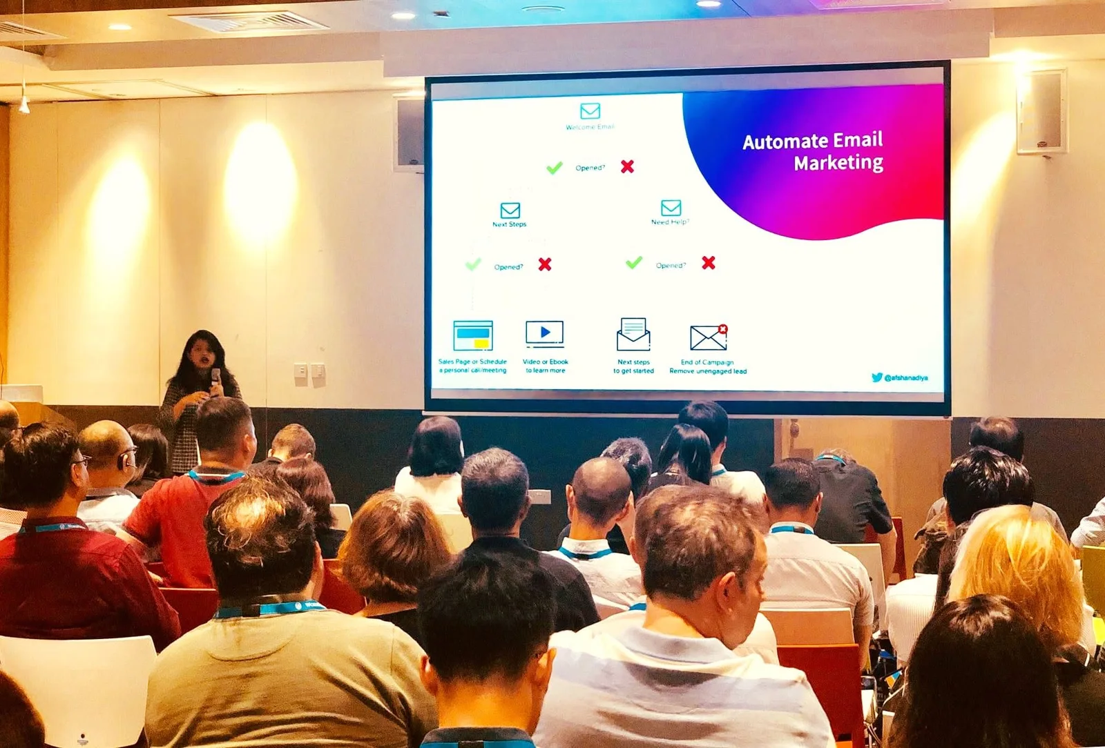 Afshana Diya presenting the Automate Email Marketing workflow slide at WordCamp Singapore 2019