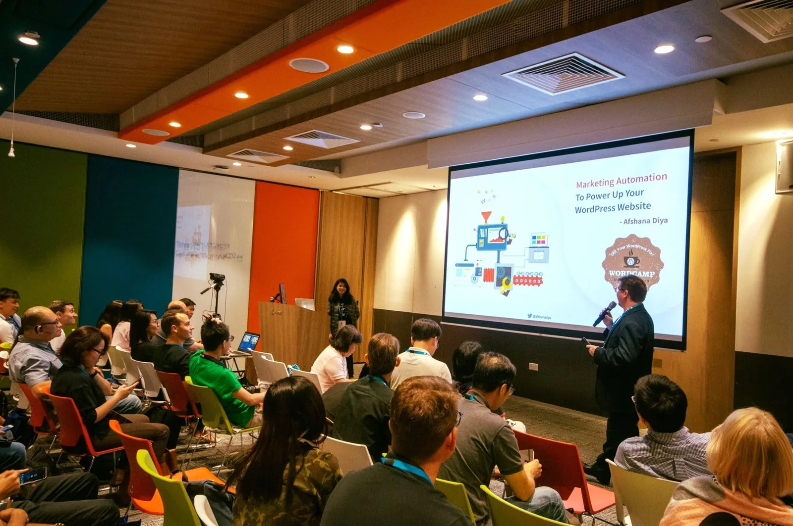 The room at WordCamp Singapore 2019 with the Marketing Automation title slide on screen